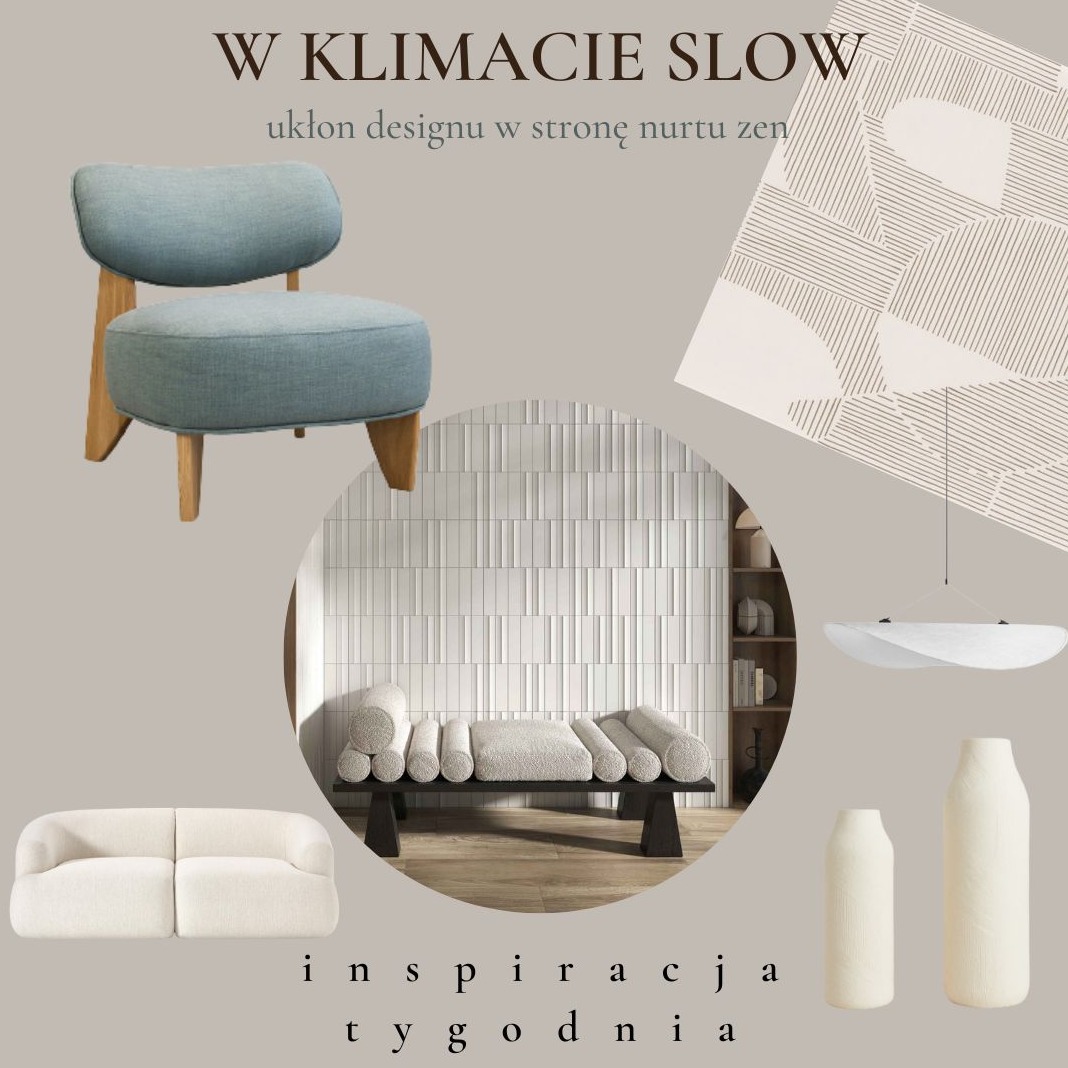 Moodboard wnętrzarski w klimacie slow design z elementami nurtu zen: fotel z drewnianymi nogami, sofa, ławka z poduszkami, lampa wisząca i wazony na beżowym tle.