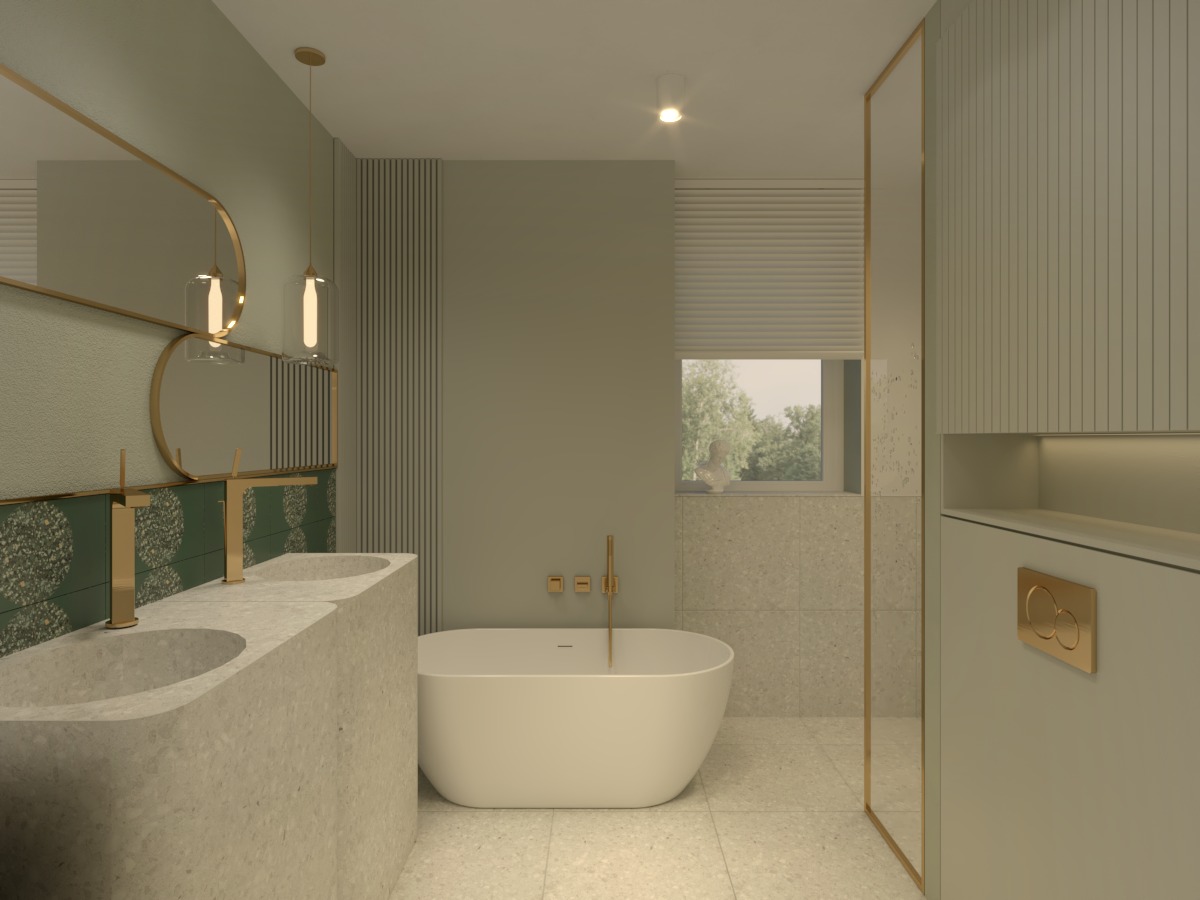 Nowoczesna łazienka w odcieniach zieleni i beżu z podwójną umywalką na blacie z terazzo, złotą armaturą i owalną wanną wolnostojącą przy oknie.