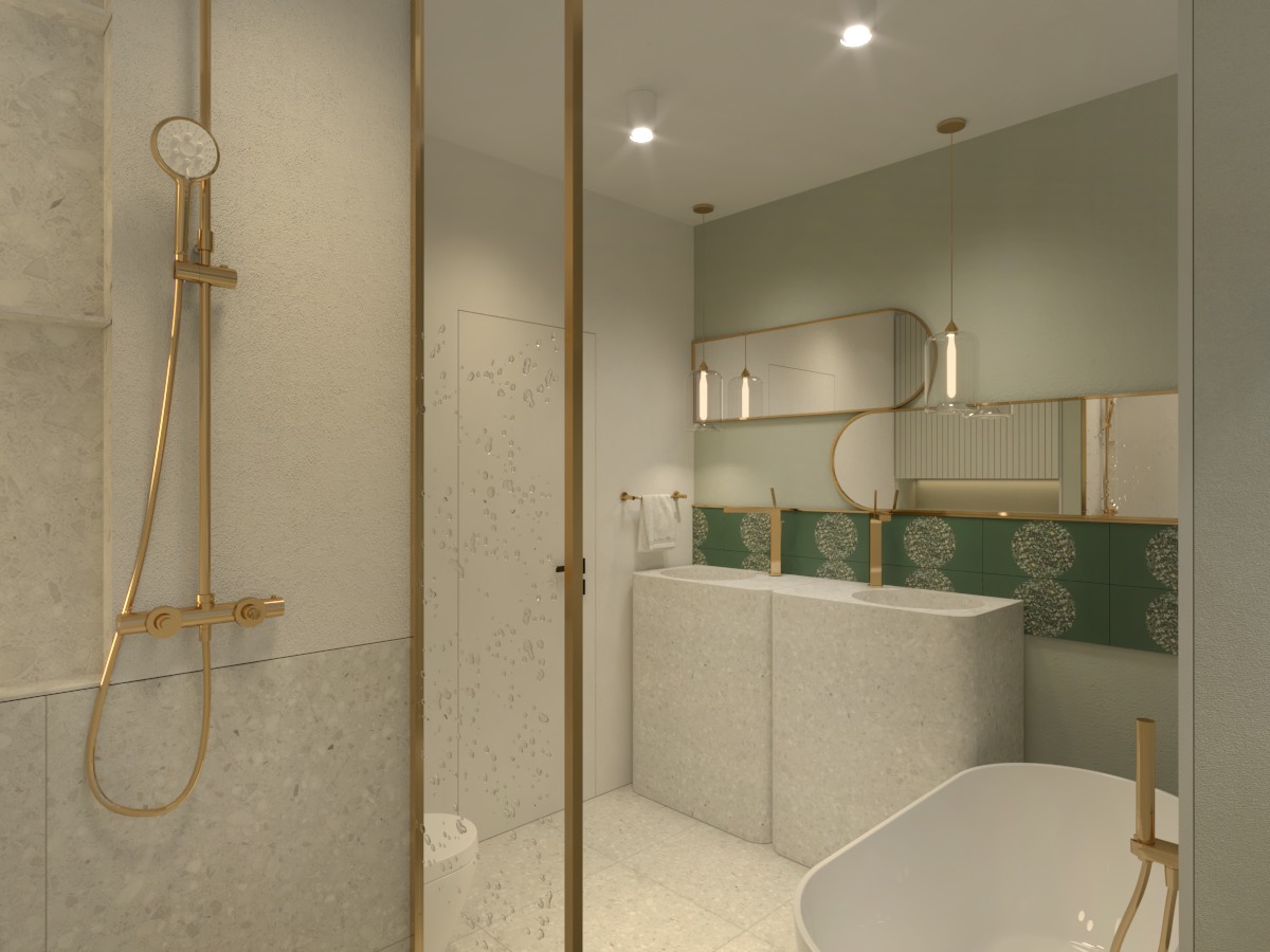 Nowoczesna łazienka z elementami złota: deszczownica, armatura, ramy luster i kabiny prysznicowej; podwójna umywalka z blatem z jasnego kamienia, zielona mozaika na ścianie i wiszące lampy.