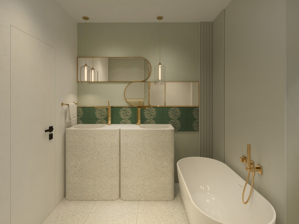 Wizualizacja łazienki z dwoma umywalkami na postumentach z terazzo, zieloną mozaiką nad nimi, owalnymi lustrami w złotych ramach i białą wanną wolnostojącą z złotą armaturą.