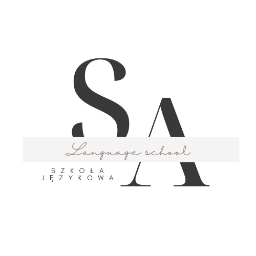 Minimalistyczne logo szkoły językowej: litery 'S' i 'A' w ciemnoszarym kolorze, nazwa 'Language school' na jasnym tle oraz napis 'SZKOŁA JĘZYKOWA' poniżej.