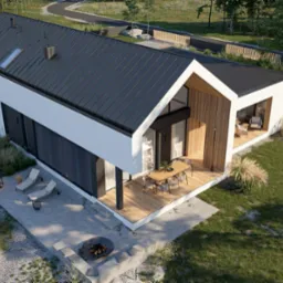 Wizualizacja nowoczesnego domu jednorodzinnego z płaskim dachem i elementami drewnianej elewacji, widok z góry na taras z meblami ogrodowymi, palenisko i leżaki na betonowym patio.