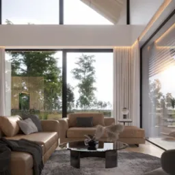 Jasny salon z dużymi oknami wychodzącymi na zieleń, skórzane sofy i okrągły stolik kawowy na puszystym dywanie, drewniany sufit z czarnymi belkami.