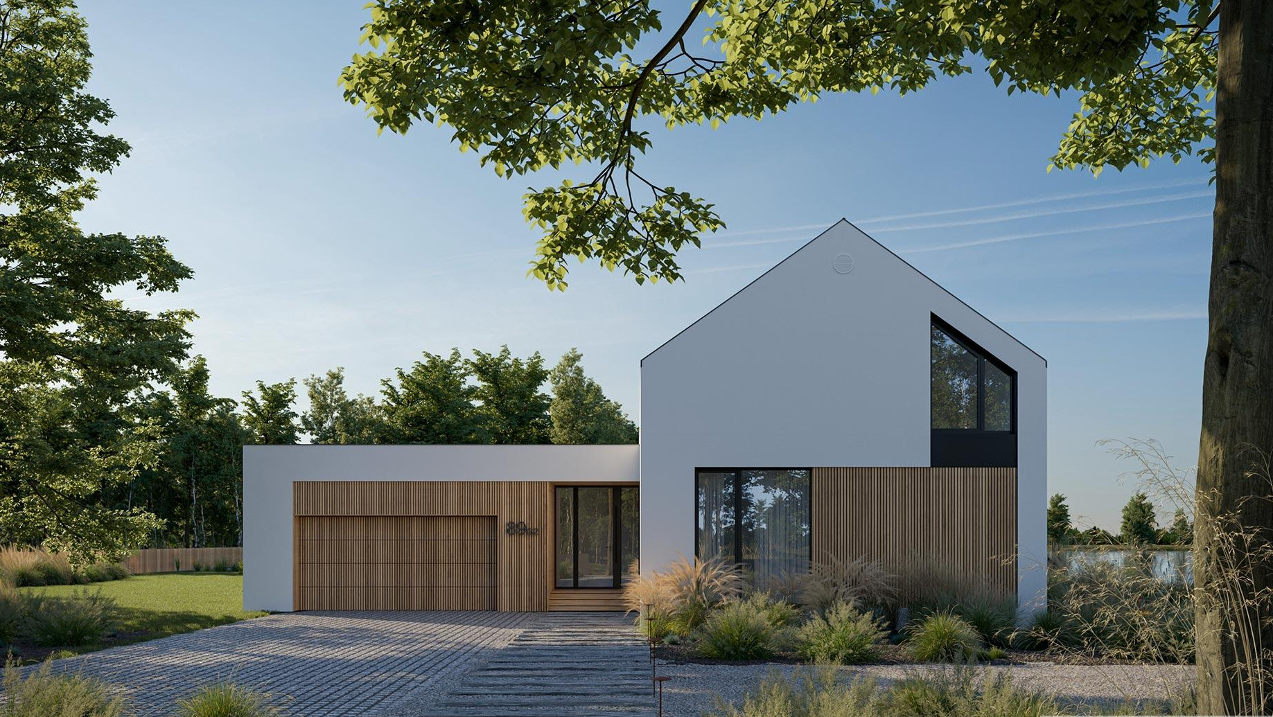 Nowoczesny dom z białymi ścianami i drewnianą elewacją, garaż z numerem 89a, otoczony zielenią i kostką brukową.