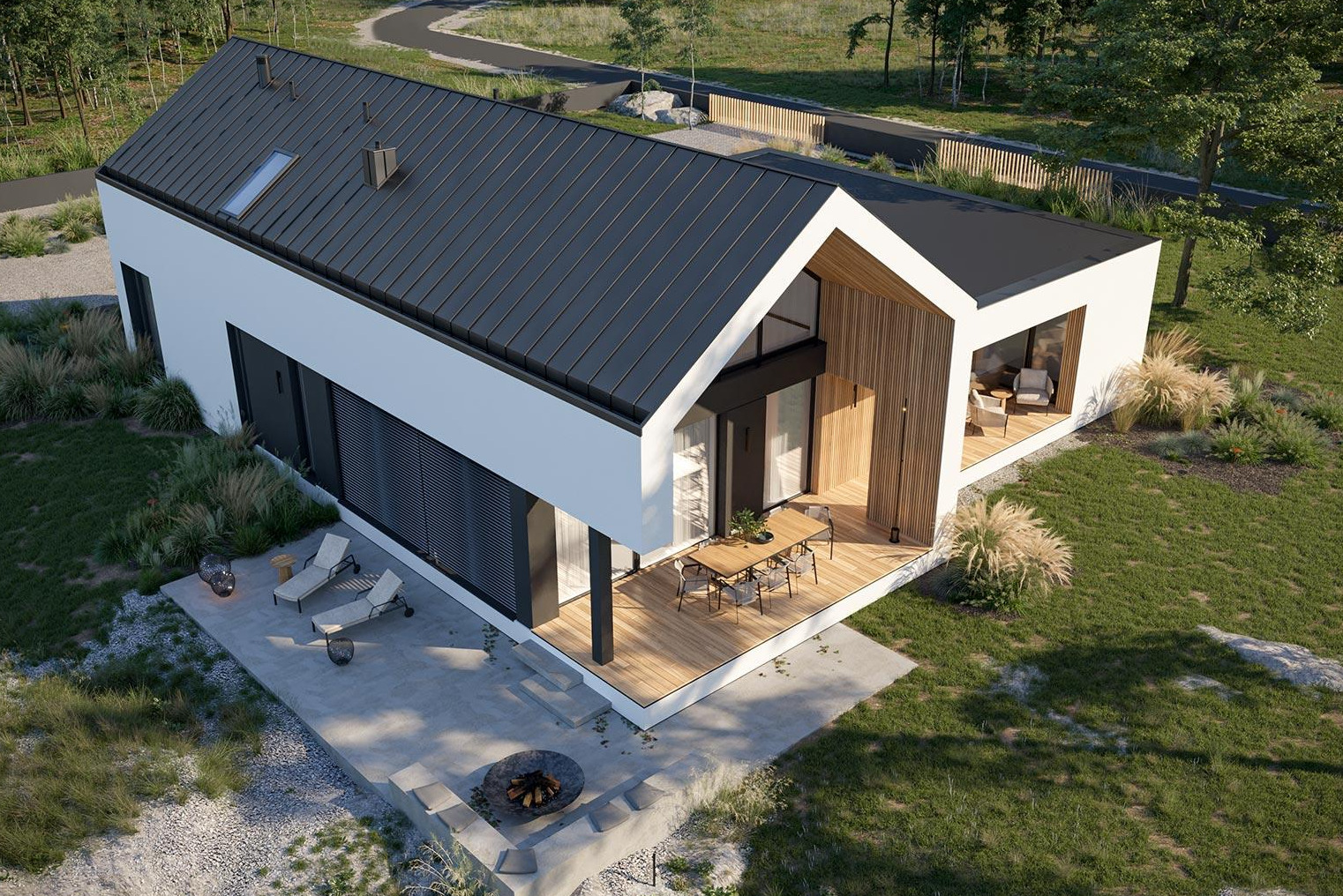 Wizualizacja nowoczesnego domu jednorodzinnego z płaskim dachem i elementami drewnianej elewacji, widok z góry na taras z meblami ogrodowymi, palenisko i leżaki na betonowym patio.