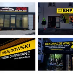 Zestaw czterech zdjęć kasetonów reklamowych z podświetleniem LED, prezentujących różne firmy: komis samochodowy, sklep BHP, salon okien i drzwi oraz dekoracje wnętrz.