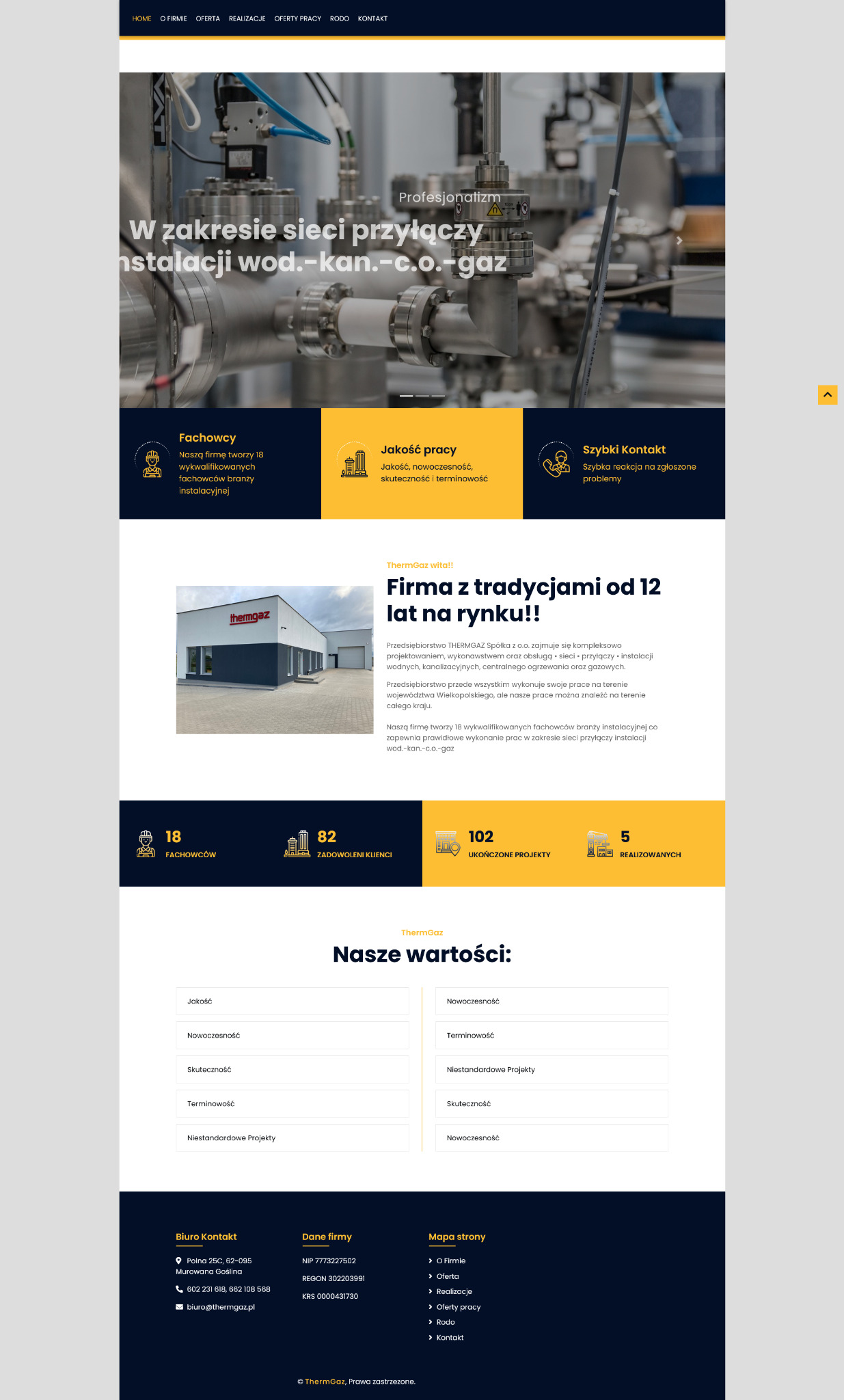 Zlecenie strony www dla firmy Thermgaz, strona zrobiona w kodzie HTML bez wsparcia gotowych silników typu WP.