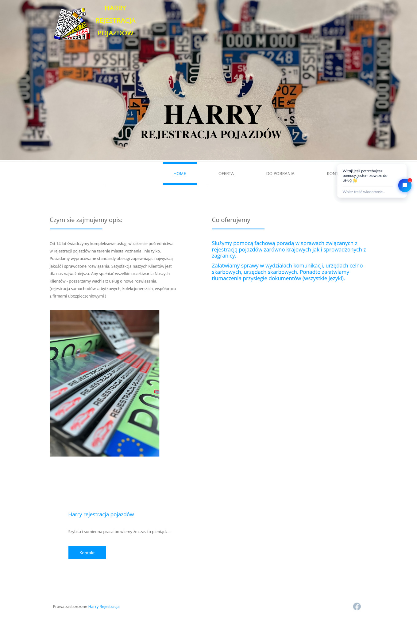 Zlecenie projektu strony www Rejestracje-Harry, strona zrobiona w kodzie HTML bez wsparcia gotowych silników typu WP.