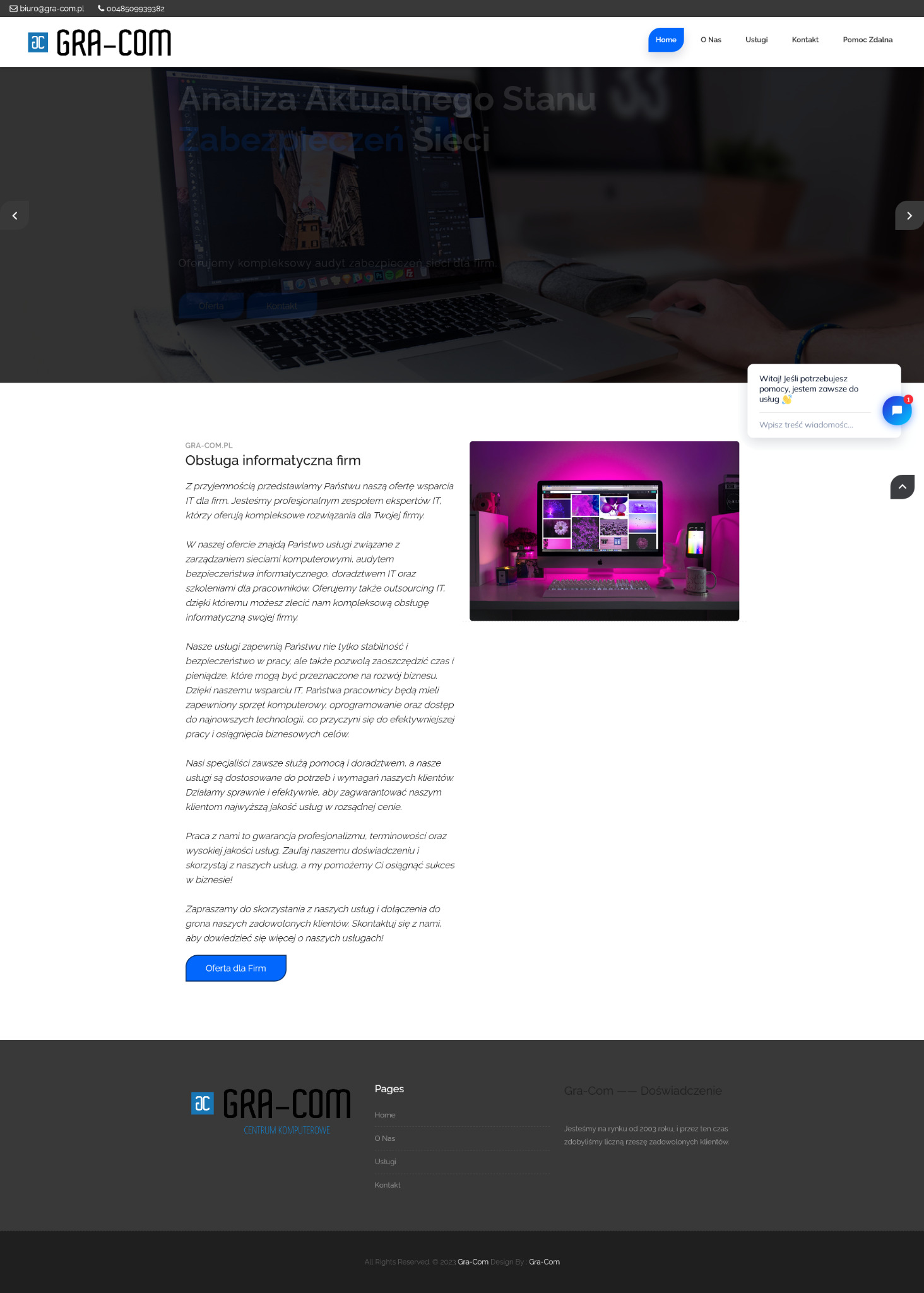 Strona firmowa projekt i wykonanie GRA-COM, strona zrobiona w kodzie HTML bez wsparcia gotowych silników typu WP.