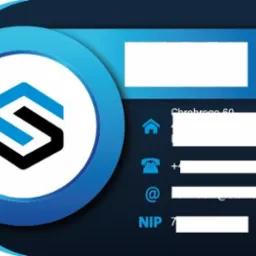 Elegancka wizytówka z niebiesko-czarnym logo w kształcie stylizowanej litery S, zawierająca dane adresowe, kontakt telefoniczny, adres e-mail i NIP w nowoczesnej grafice.