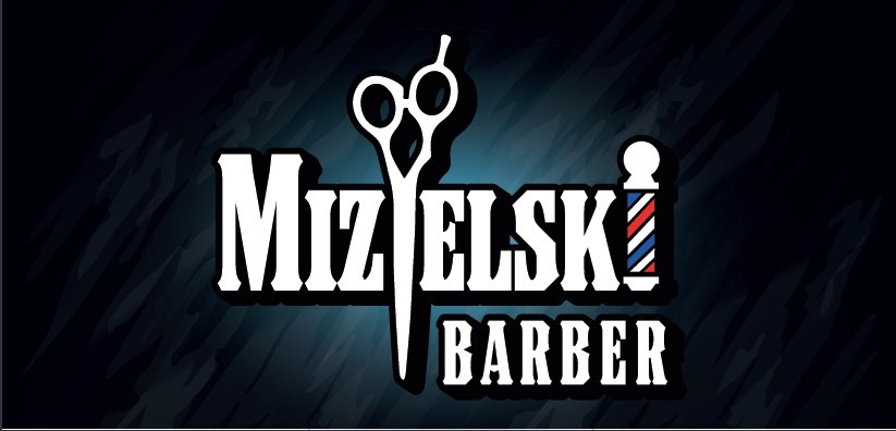 Stylizowane logo salonu fryzjerskiego 'Mizielski Barber' z nożyczkami i słupem fryzjerskim na ciemnym, teksturowanym tle.