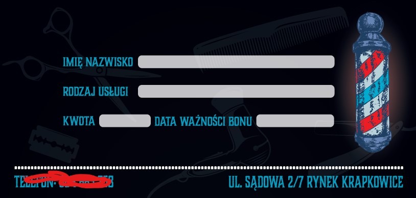 Ilustracja bonu upominkowego do salonu barberskiego z elementami fryzjerskimi: nożyczki, brzytwa, grzebień i charakterystyczny słup barberski w kolorach czerwonym, białym i niebieskim.