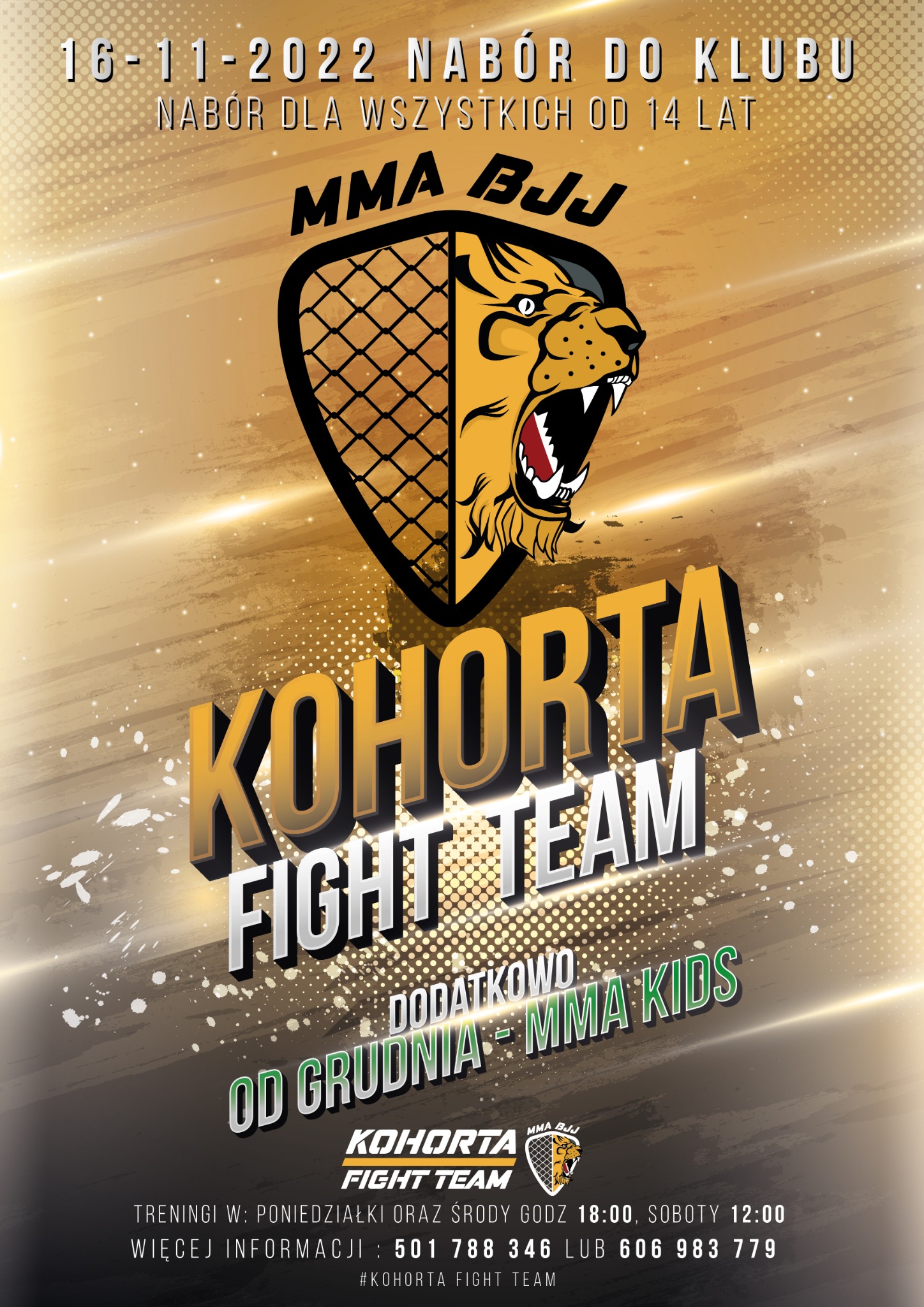 Plakat reklamowy klubu sportów walki MMA BJJ 'Kohorta Fight Team' z datą naboru 16-11-2022 dla osób od 14 lat, z grafiką głowy lwa w tarczy i informacją o treningach oraz MMA KIDS od grudnia.