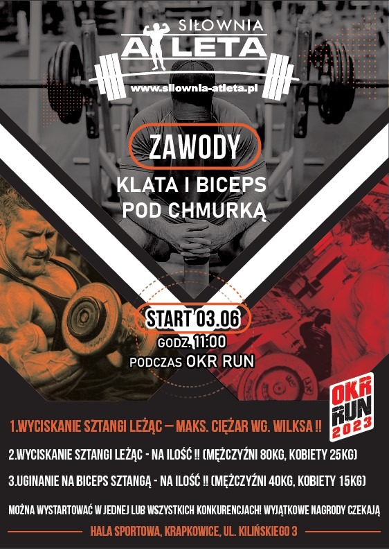 Plakat promujący zawody siłowe 'Klata i Biceps pod Chmurką', z informacjami o konkurencjach, dacie i miejscu wydarzenia, oraz wizerunkiem kulturysty ćwiczącego z hantlą.