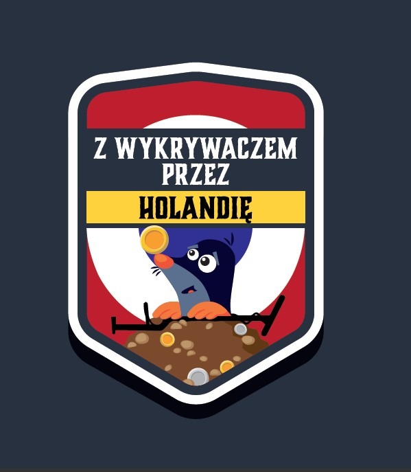 Ilustracja w kształcie naszywki przedstawiająca kreta z wykrywaczem metalu w Holandii, stylizowana grafika z tekstem.