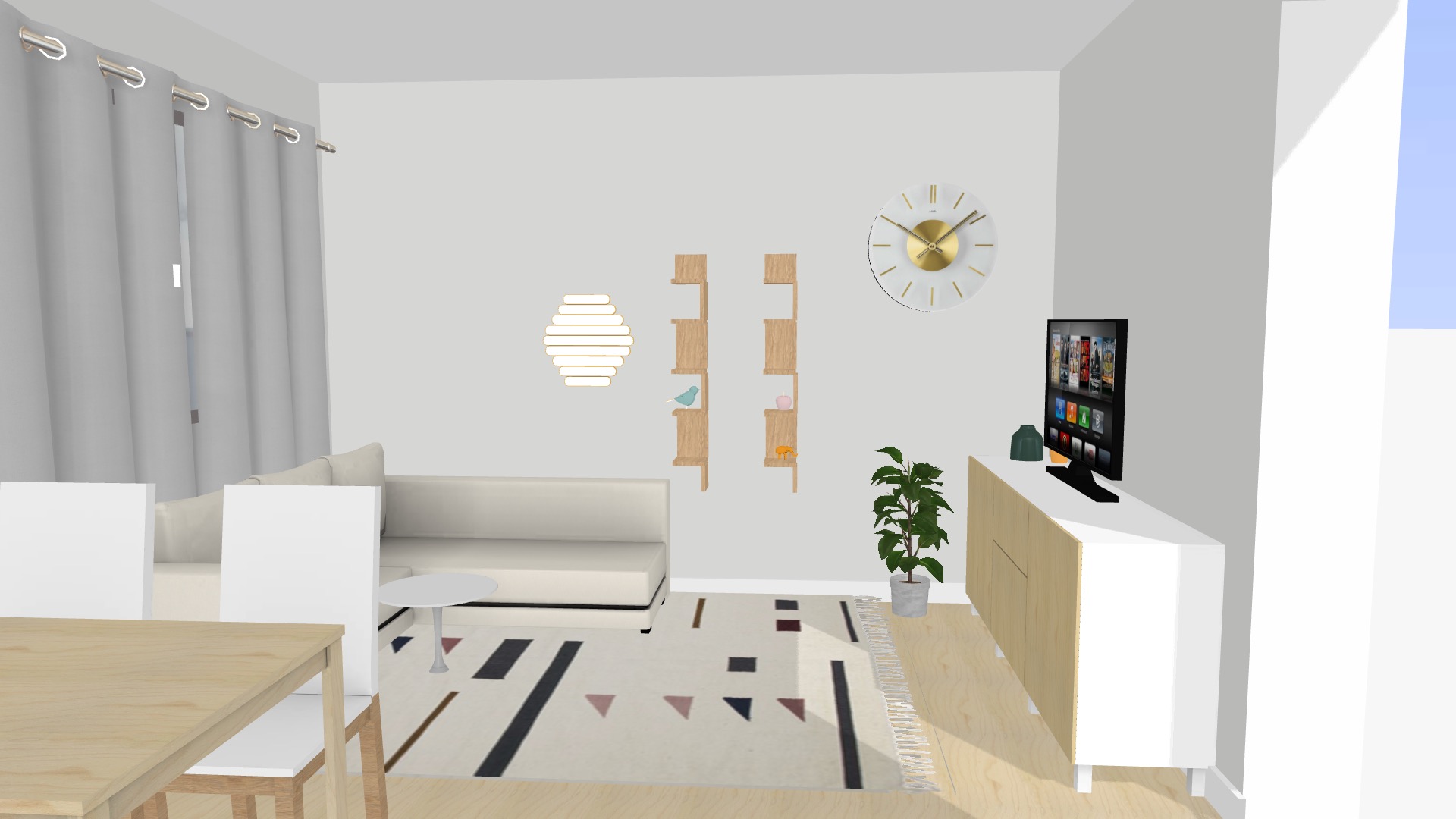 Wizualizacja jasnego salonu z drewnianymi akcentami, obejmująca białą sofę, stolik kawowy, szafkę RTV z drewnianymi frontami, drewniane półki ścienne i dywan w geometryczne wzory.