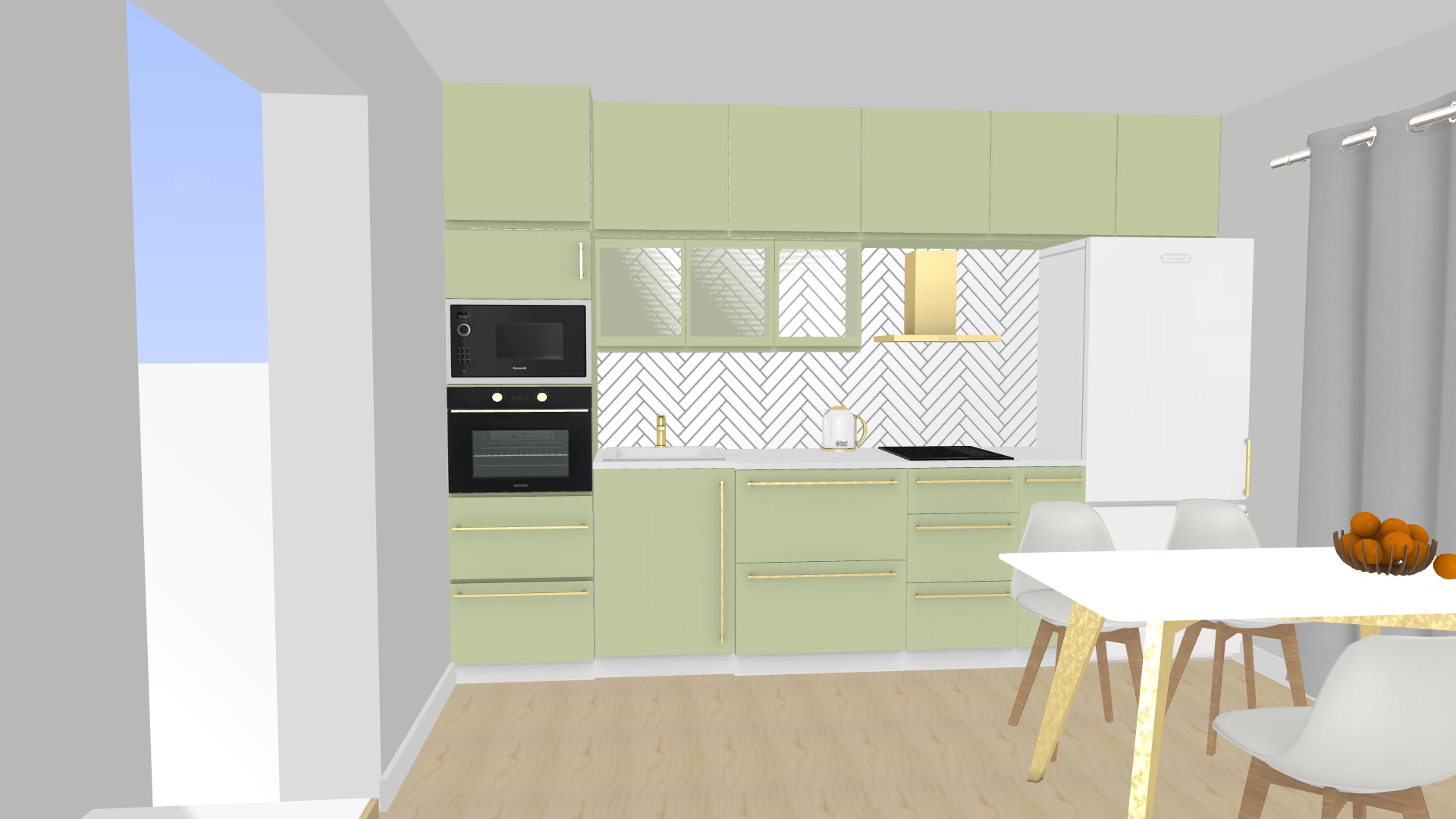 Wizualizacja kuchni w odcieniach zieleni z białymi frontami, złotymi uchwytami i blatem, biała mozaika na ścianie, stół z krzesłami i owocami w tle