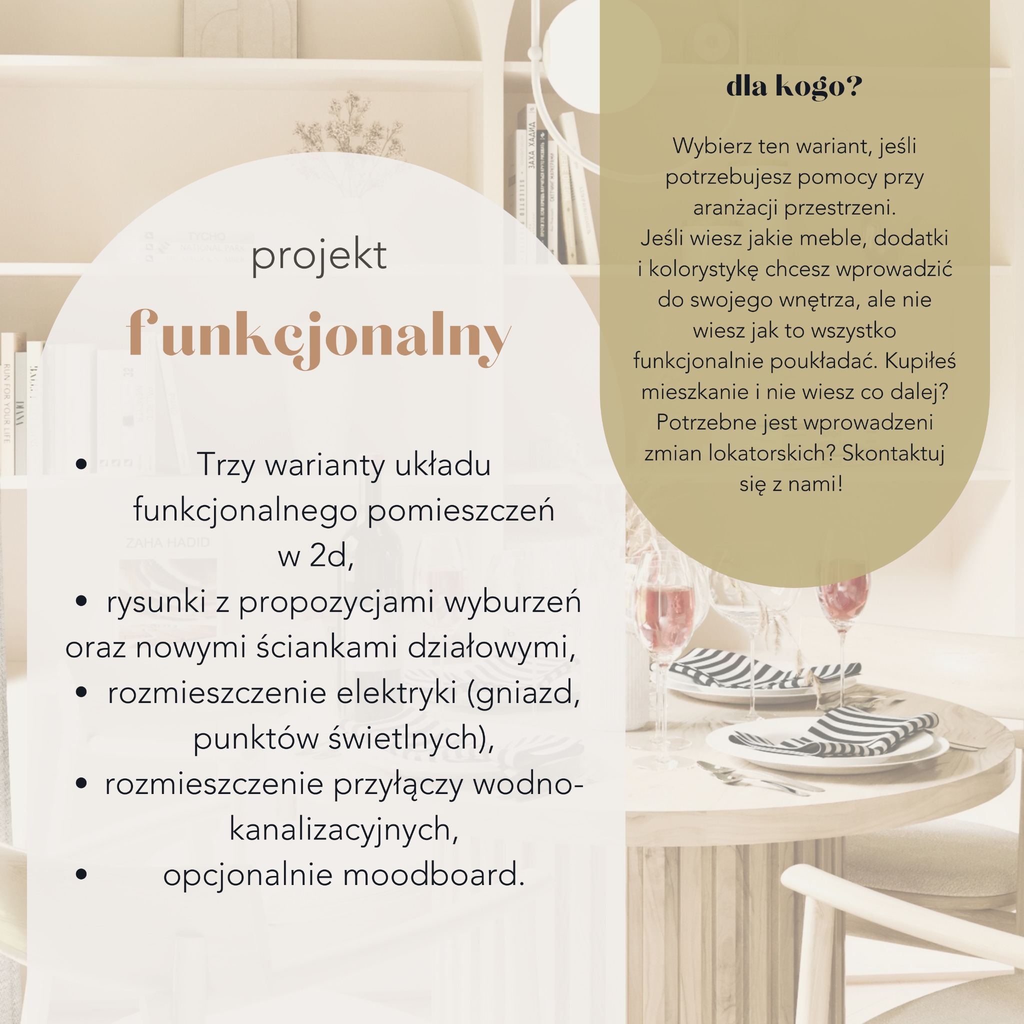 Grafika reklamowa z tekstem o projekcie funkcjonalnym mieszkania, widoczne elementy aranżacji stołu z nakryciem i kieliszkami w tle
