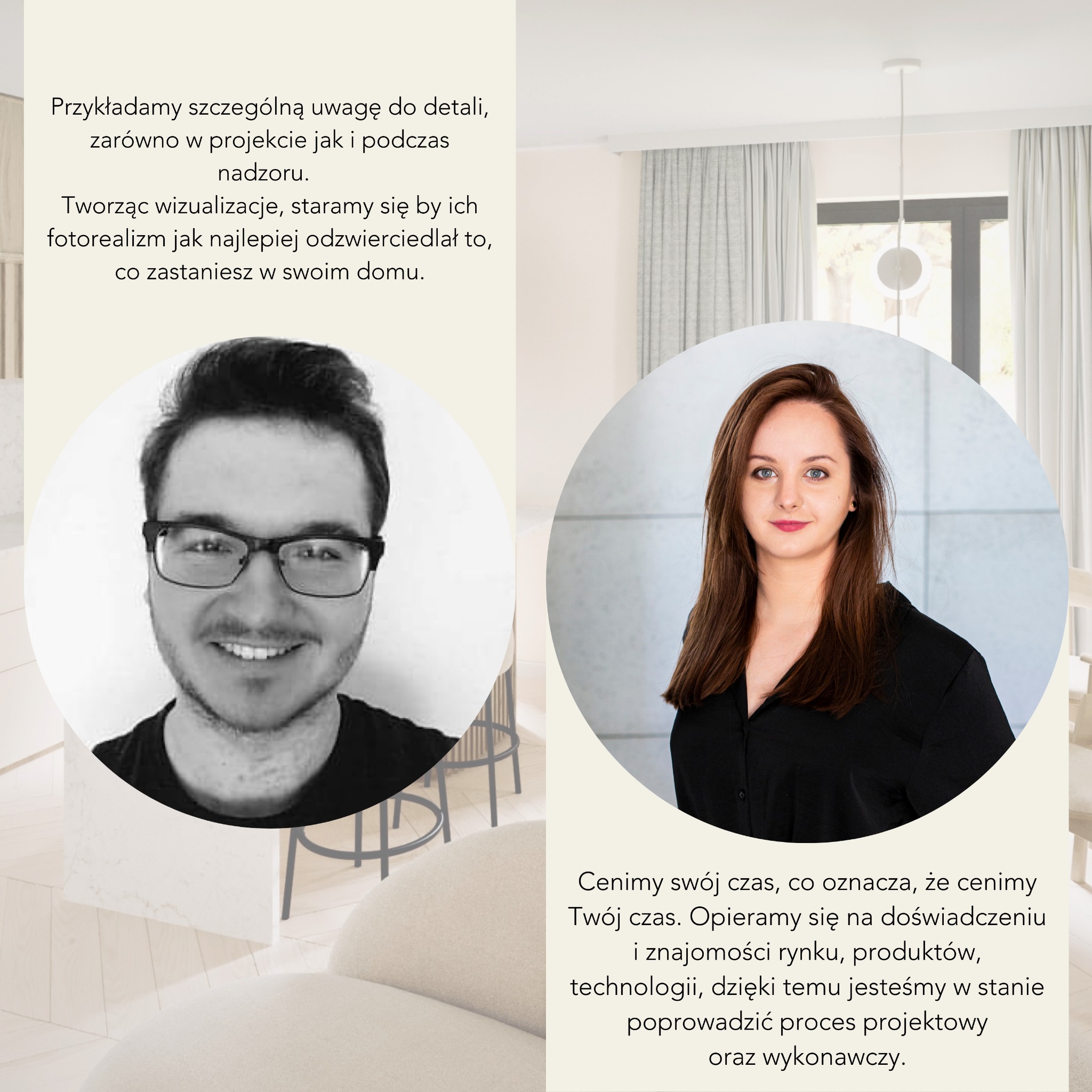 Zdjęcie prezentuje portrety dwojga projektantów wnętrz, umieszczone w okręgach po obu stronach, z fragmentami wizualizacji wnętrza w tle, w tym białe krzesła barowe i lampę sufitową.