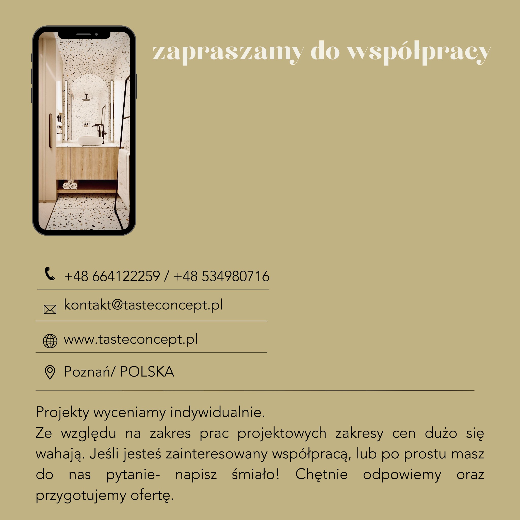 Reklama firmy z wizualizacją łazienki w telefonie: umywalka na drewnianej szafce, lustro w łuku, mozaika na ścianach, tekst 'zapraszamy do współpracy', dane kontaktowe.