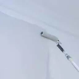 Wałek malarski z długą rączką w trakcie pracy, świeżo pomalowana na biało ściana w Jaworze, widoczne delikatne smugi farby.