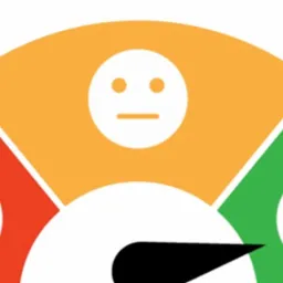 Wskaźnik satysfakcji klienta z trzema poziomami: niezadowolony (czerwony), neutralny (żółty) i zadowolony (zielony), z czarną strzałką wskazującą aktualny poziom.