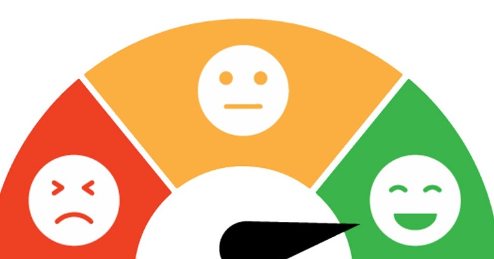 Wskaźnik satysfakcji klienta z trzema poziomami: niezadowolony (czerwony), neutralny (żółty) i zadowolony (zielony), z czarną strzałką wskazującą aktualny poziom.