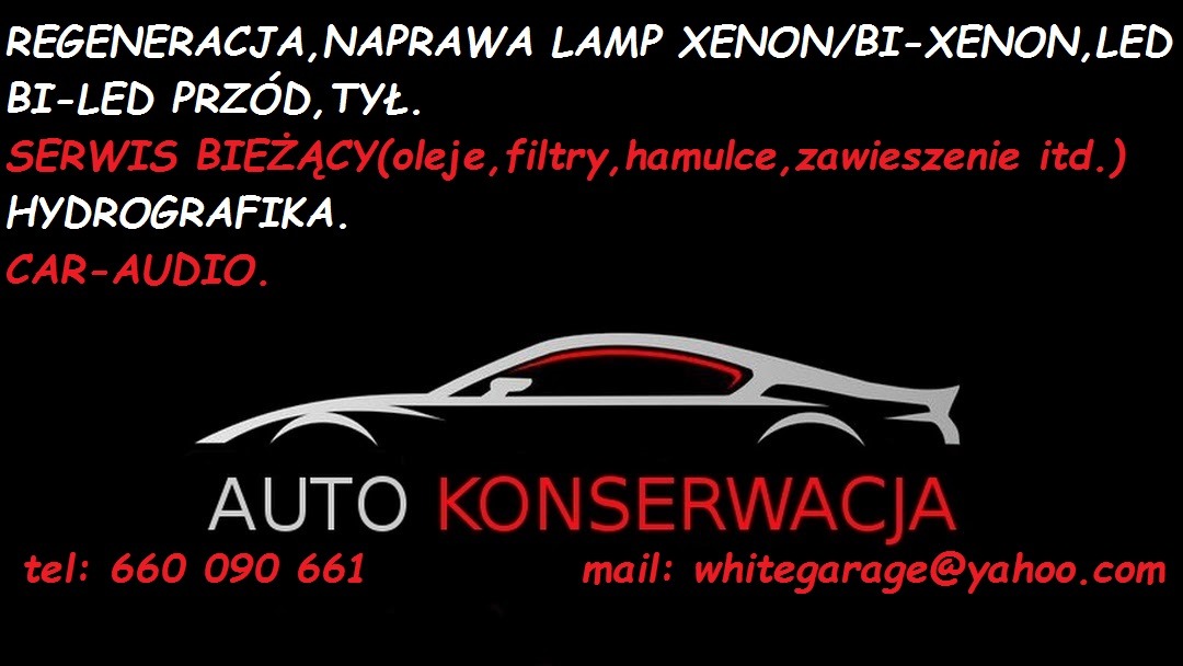 Grafika reklamowa warsztatu samochodowego: sylwetka auta, regeneracja lamp, serwis bieżący, hydrografika, car-audio, kontakt telefoniczny i mailowy.