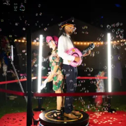 Para w przebraniach pozuje na obrotowej platformie, otoczeni bańkami mydlanymi i oświetleniem, z rekwizytami, w tle widoczna fotobudka i goście.