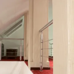 Klatka schodowa w domu z czerwonym dywanem i kolumnami wykończonymi dekoracyjną strukturą, widok z góry.