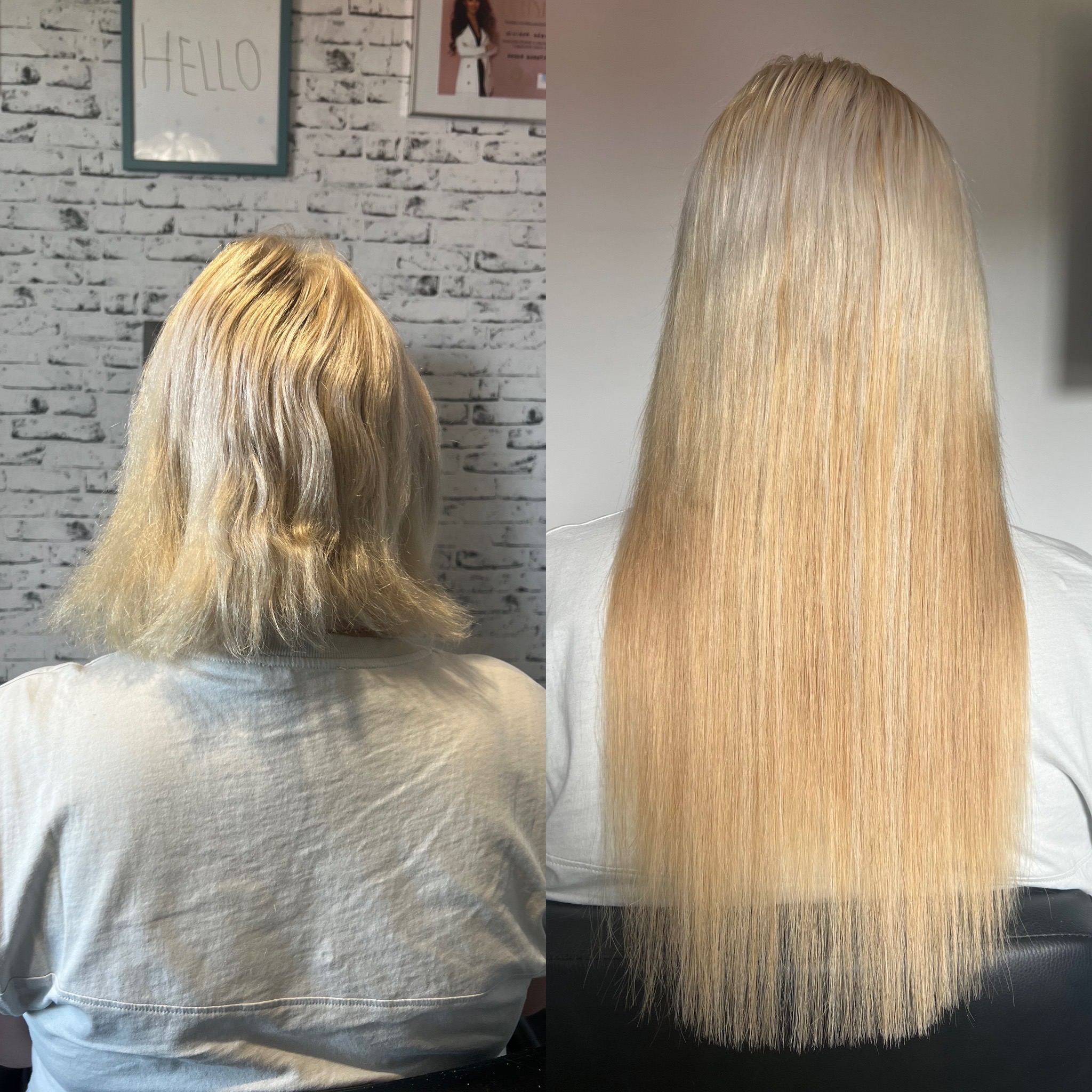 Blond włosy przedłużone metodą kanapkową, widoczne porównanie przed i po zabiegu, od tyłu, na tle ściany z cegły.
