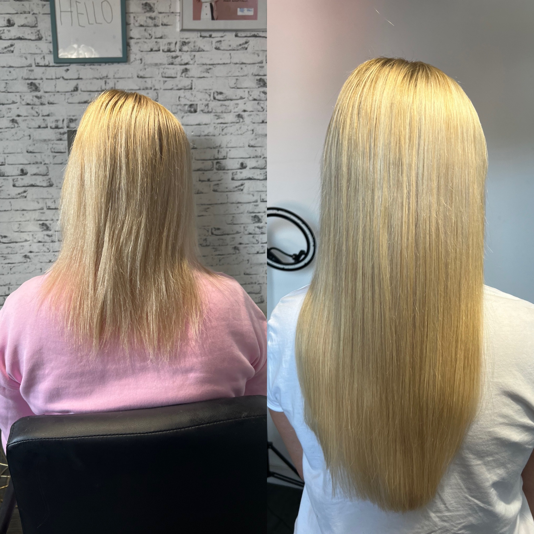 Porównanie wyglądu włosów blond przed i po zabiegu przedłużania, widoczne różnice w gęstości i długości.