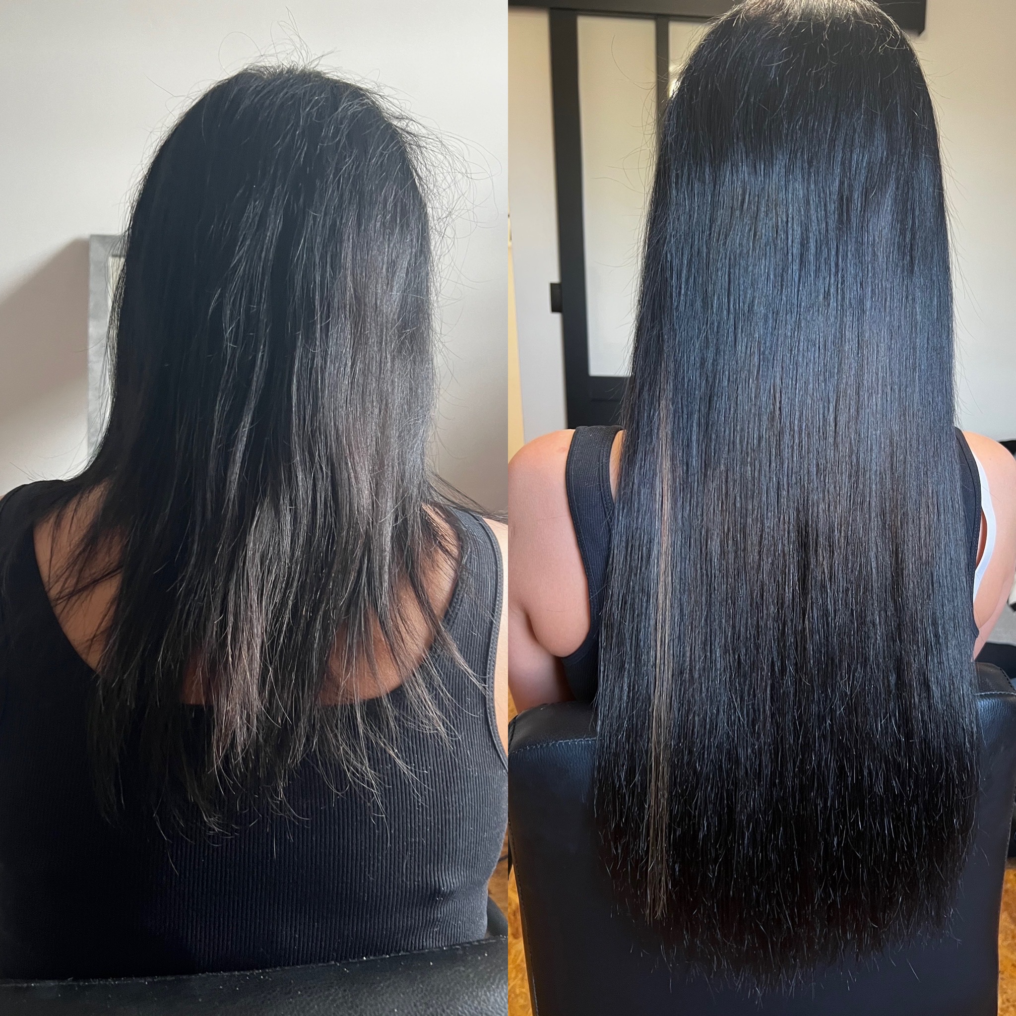 Porównanie stanu włosów przed i po zabiegu przedłużania: po lewej stronie włosy krótsze i przerzedzone, po prawej długie, gładkie i lśniące, widok z tyłu na ciemnowłosą kobietę w czarnym topie.