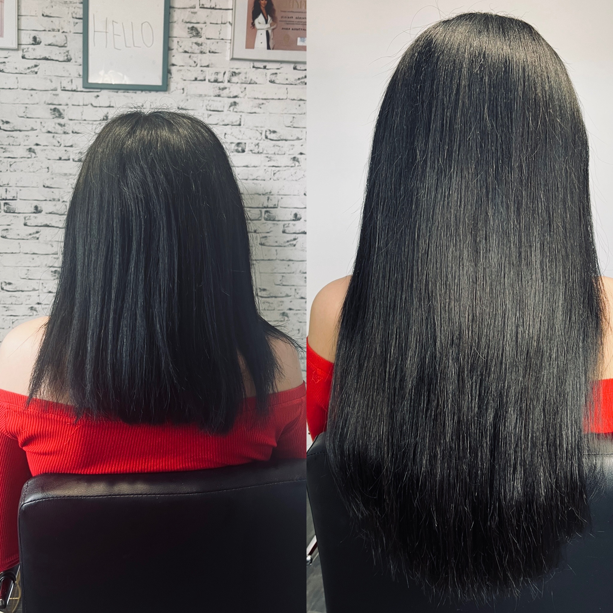 Porównanie włosów przed i po zabiegu przedłużania, widoczne z tyłu, na jasnym tle ściany z cegły i białym tle.