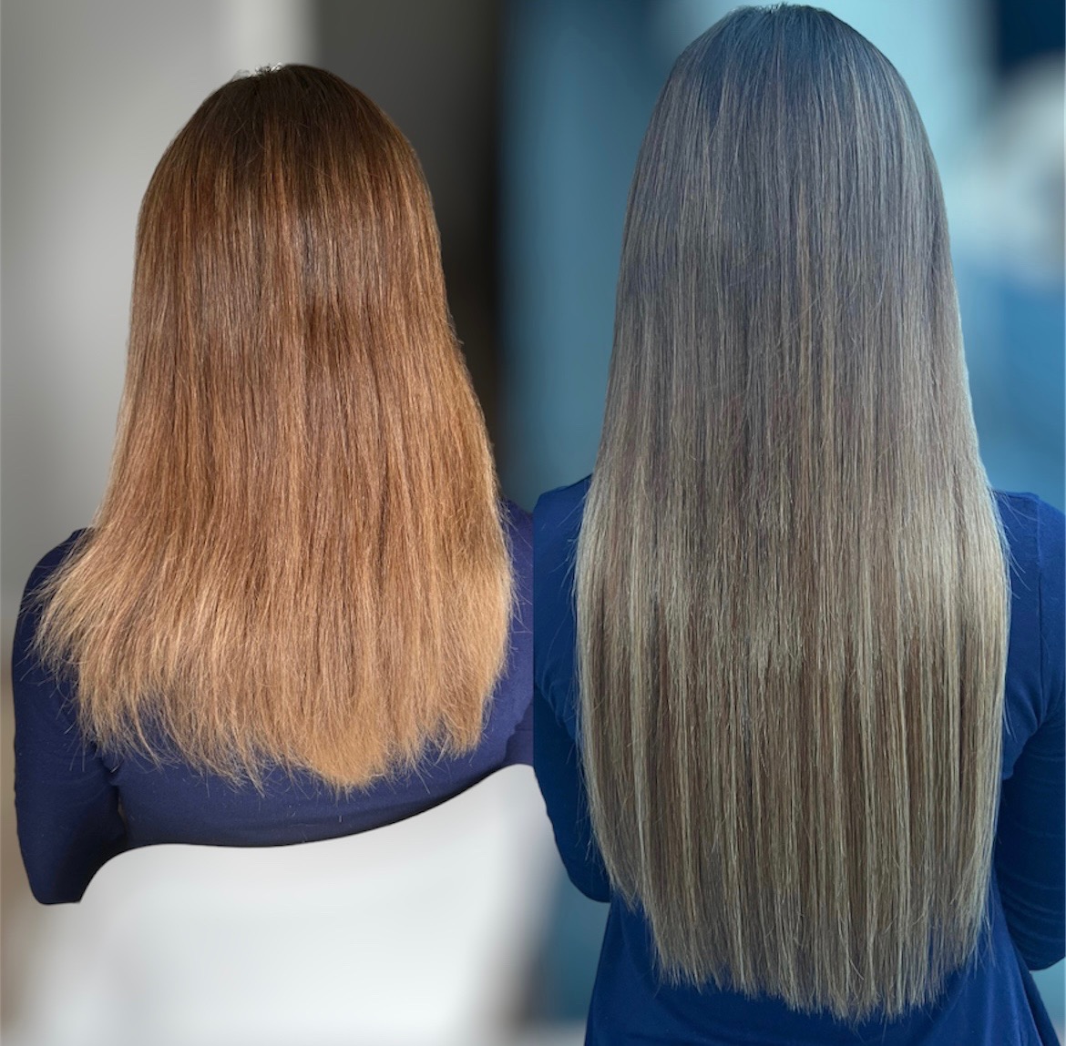 Porównanie włosów przed i po koloryzacji: włosy brązowe, matowe kontra długie, wygładzone włosy z refleksami w odcieniach blondu.