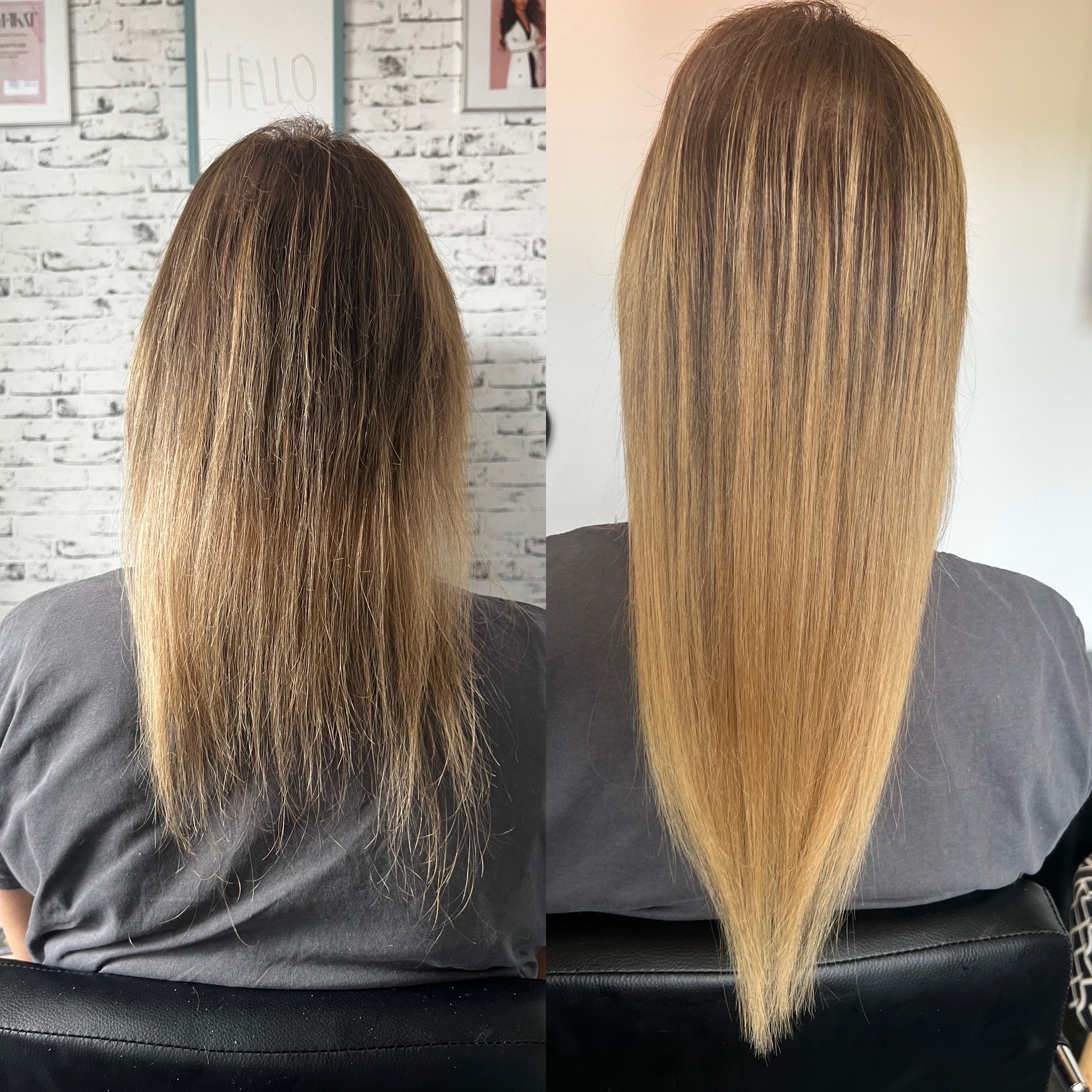 Porównanie włosów przed i po zabiegu przedłużania, widoczne z tyłu na tle białej ściany z cegły.