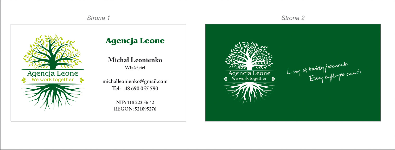 Dwustronna wizytówka firmy Agencja Leone z logo drzewa z zielonymi liśćmi i korzeniami; strona pierwsza zawiera dane kontaktowe właściciela, Michała Leonienko, a strona druga slogan firmy...
