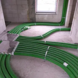 Zielone, karbowane rury wentylacyjne rozprowadzone po podłodze w surowym stanie, przymocowane metalowymi obejmami do podłoża, prowadzące do otwor&oacute;w w ścianie z pustak&oacute;w.