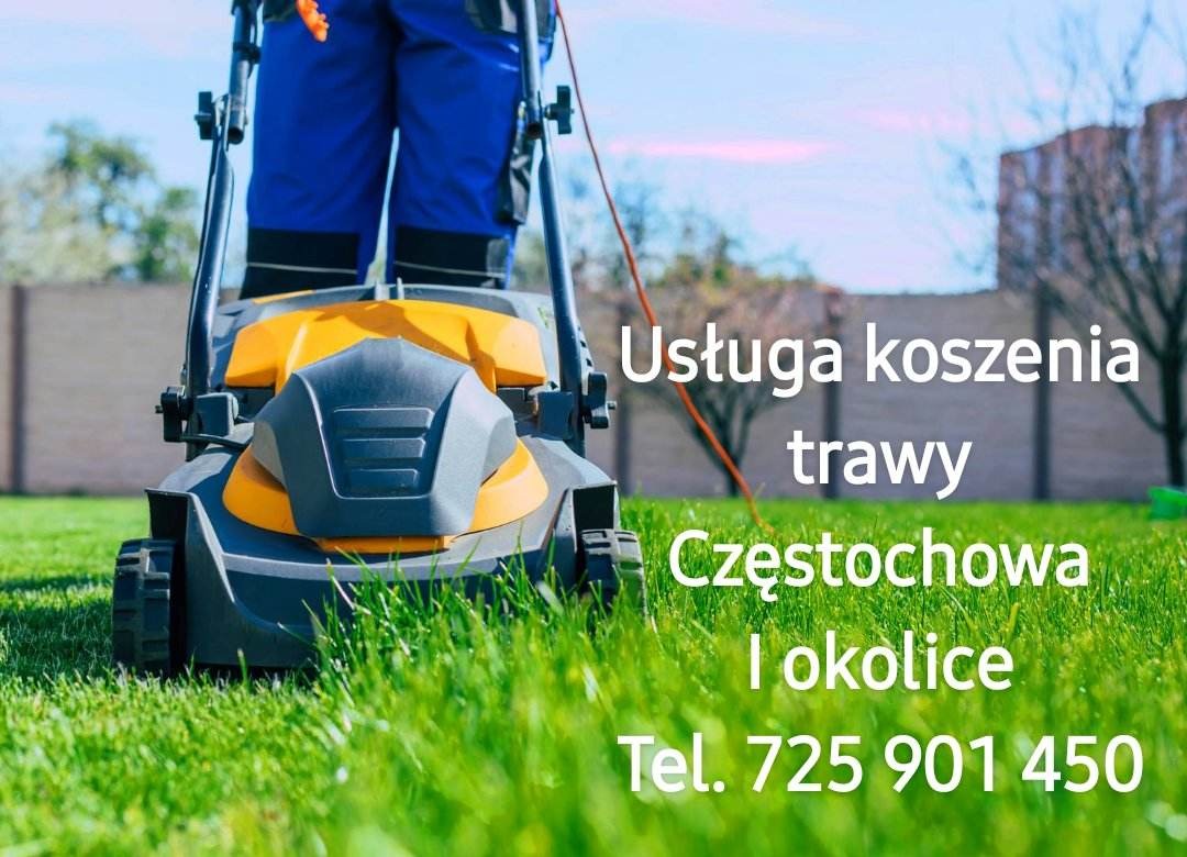 Kosiarka do trawy w trakcie pracy, widoczne nogi operatora, trawa przed i po koszeniu, napis 'Usługa koszenia trawy Częstochowa i okolice Tel. 725 901 450'.