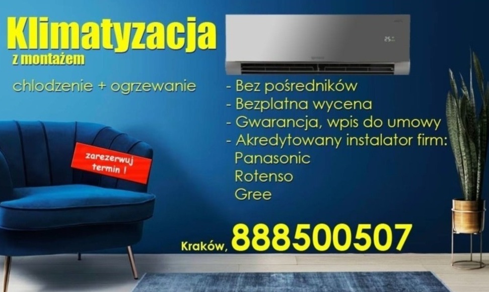 Grafika reklamowa z klimatyzatorem ściennym w nowoczesnym wnętrzu, oferta obejmuje montaż, chłodzenie i ogrzewanie, akredytowany instalator firm Panasonic, Rotenso i Gree, z napisem 'zarezerwuj...