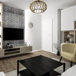 Wnętrze salonu z drewnianą zabudową telewizyjną, szarą ścianą z geometrycznym wzorem, czarnym stolikiem kawowym i żółtym fotelem na tle regału z książkami.