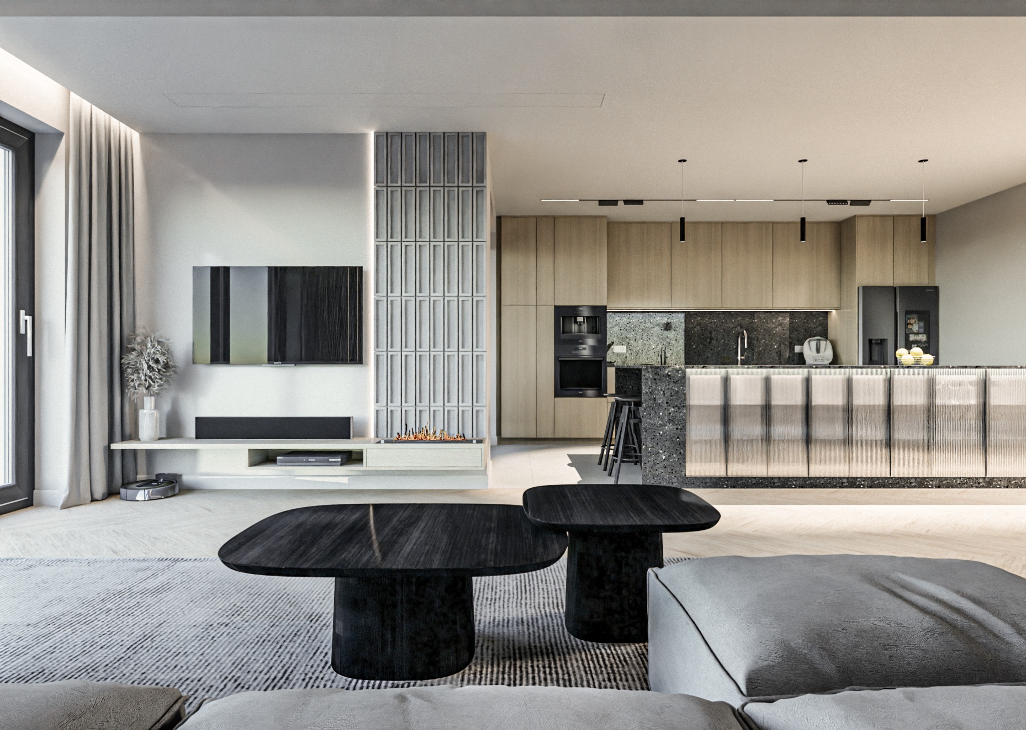 Nowoczesne wnętrze: salon z otwartą kuchnią, minimalistyczny design, drewniane szafki kuchenne, wyspa z blatem z lastryko, czarne stoliki kawowe na dywanie w geometryczne wzory, telewizor...