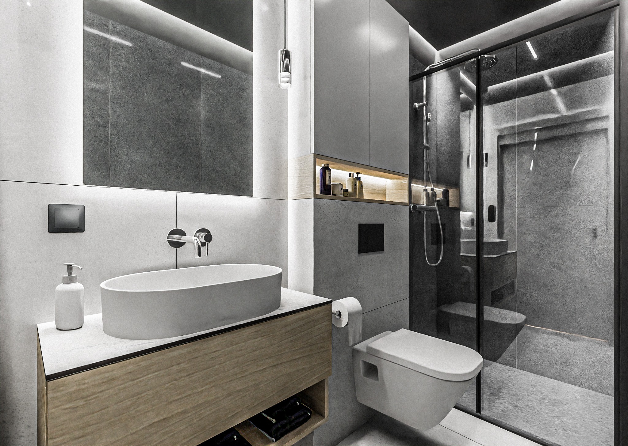 Nowoczesna łazienka z owalną umywalką nablatową, drewnianą szafką pod umywalką, minimalistyczną toaletą wiszącą i kabiną prysznicową typu walk-in z szarymi płytkami.