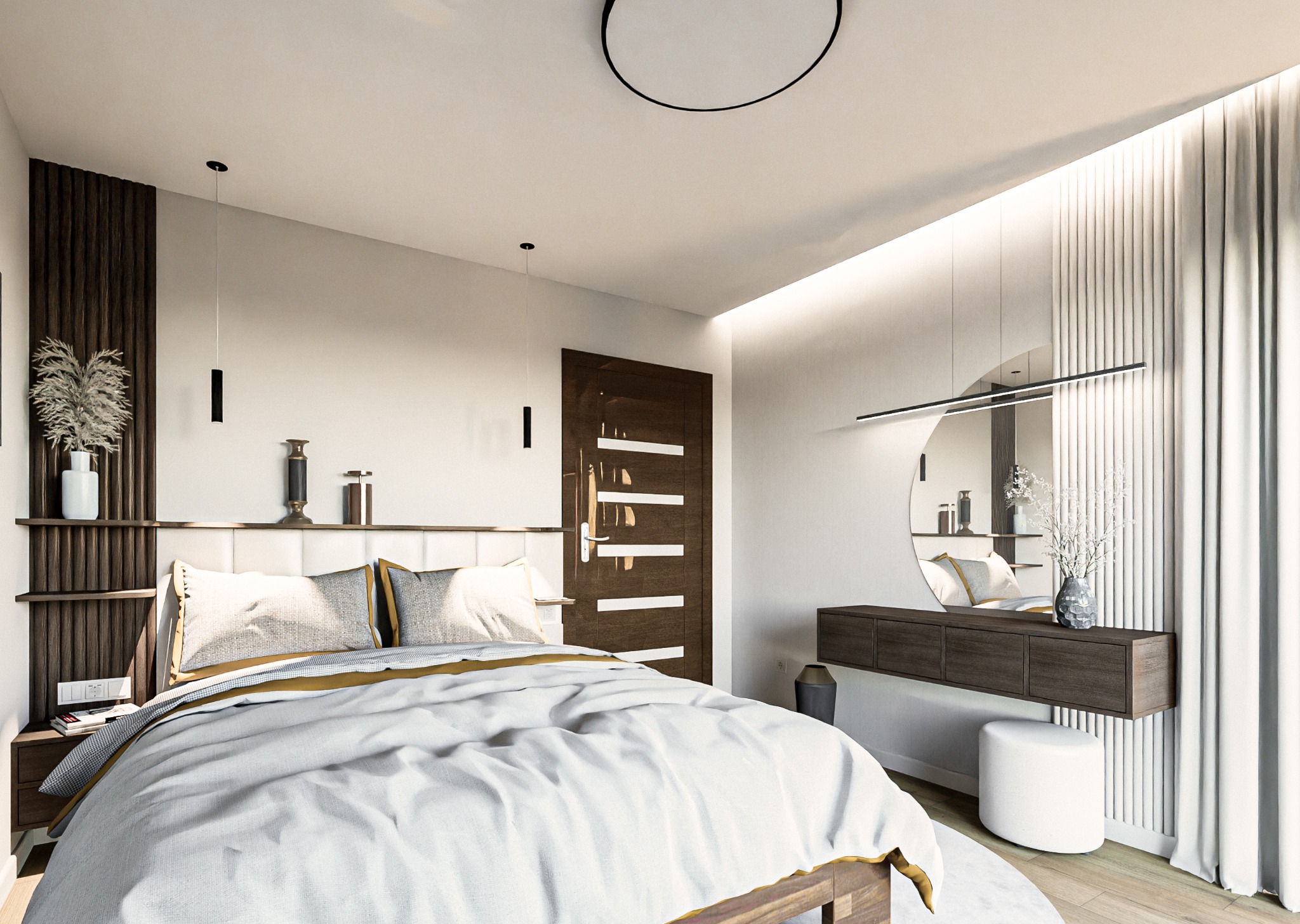 Nowoczesna sypialnia z drewnianymi akcentami: łóżko z białą pościelą i szarymi poduszkami, toaletka z okrągłym lustrem, dekoracyjne oświetlenie punktowe i minimalistyczne dodatki.