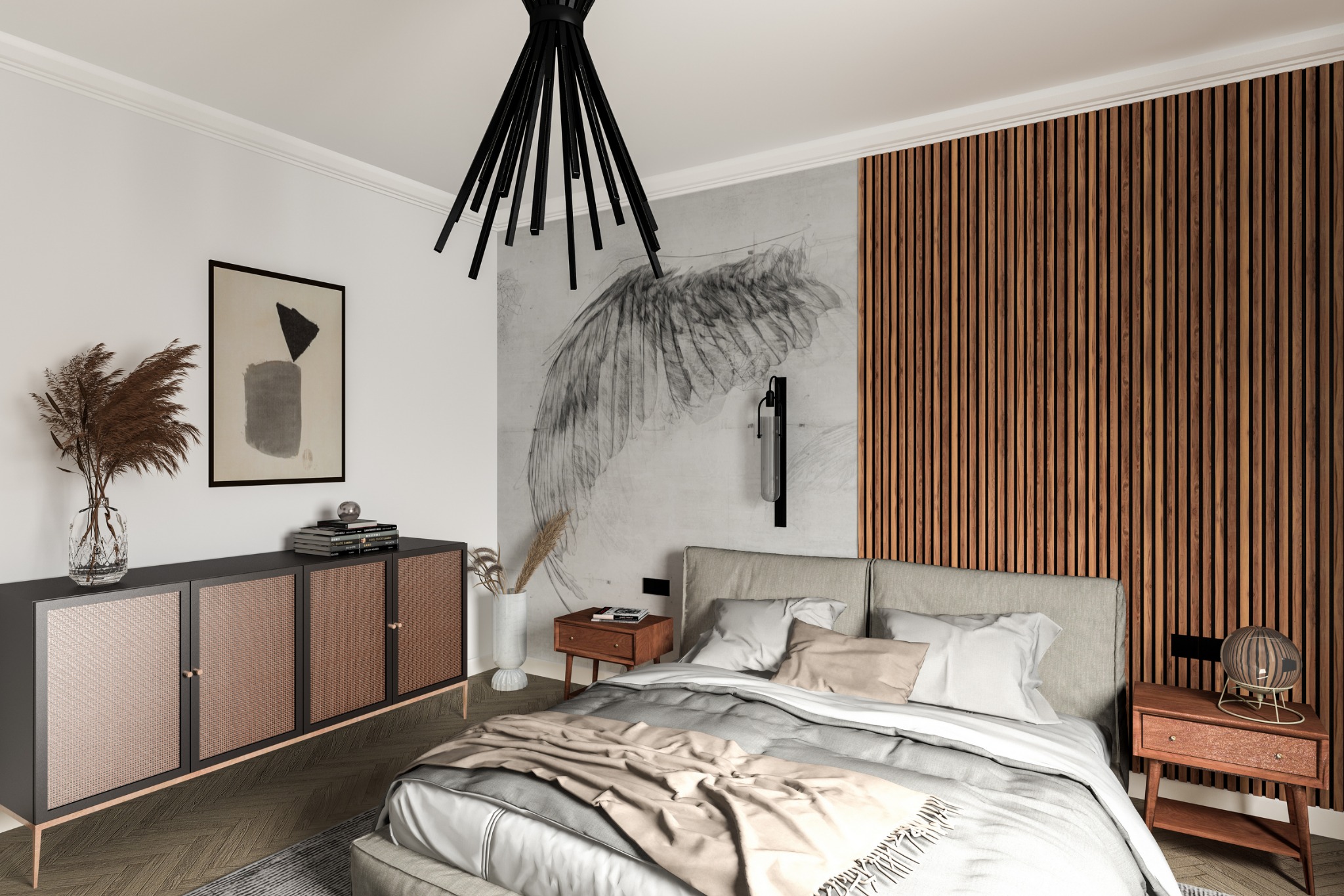 Nowoczesna sypialnia z łóżkiem, drewnianą ścianą, komodą z rattanowymi frontami i abstrakcyjnym rysunkiem skrzydła na ścianie.