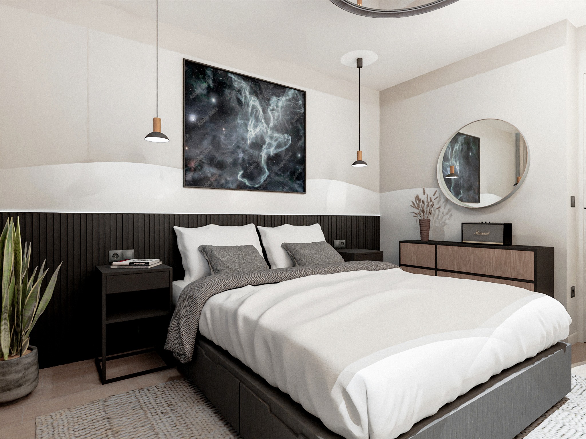 Nowoczesna sypialnia z łóżkiem kontynentalnym, stolikiem nocnym z książkami, lampami wiszącymi, okrągłym lustrem i obrazem galaktyki nad wezgłowiem.