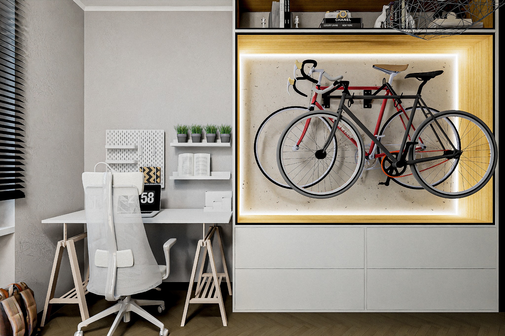 Wnętrze biura domowego z białym biurkiem na kozłach, krzesłem obrotowym z siatki oraz dwoma rowerami szosowymi zawieszonymi na ścianie w podświetlonej wnęce.