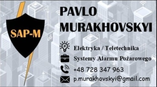 Wizytówka firmy SAP-M Pavlo Murakhovskyi oferującej usługi elektryczne, teletechniczne i systemy alarmu pożarowego, z numerem telefonu i adresem email, na tle grafiki przedstawiającej miasto.