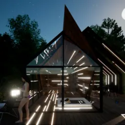 Wizualizacja nowoczesnej sauny z jacuzzi, przeszklona konstrukcja z drewnianym wykończeniem, oświetlona nocą, z dwiema osobami na zewnątrz i jedną w jacuzzi, na tle lasu i księżyca.