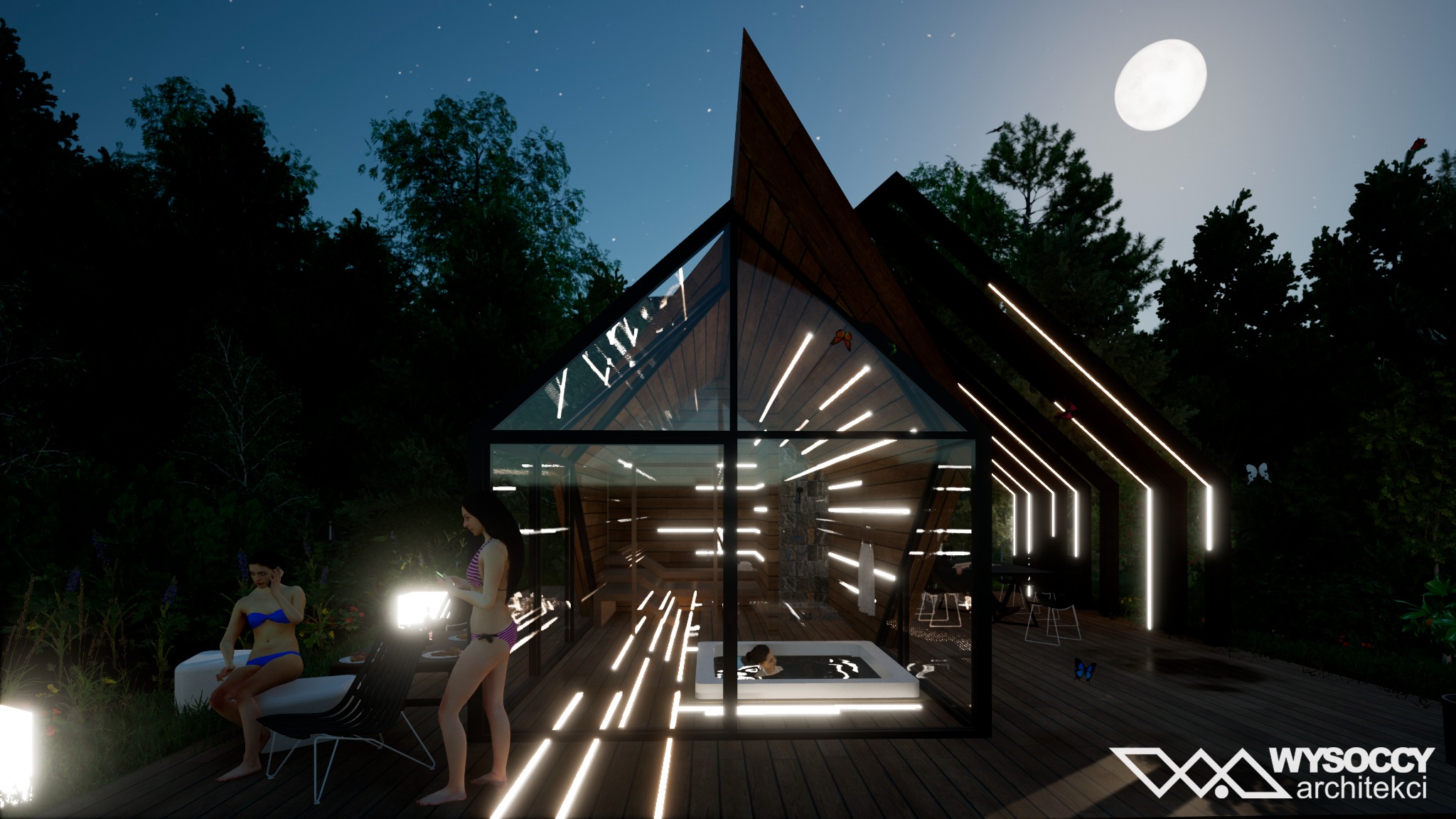 Wizualizacja nowoczesnej sauny z jacuzzi, przeszklona konstrukcja z drewnianym wykończeniem, oświetlona nocą, z dwiema osobami na zewnątrz i jedną w jacuzzi, na tle lasu i księżyca.